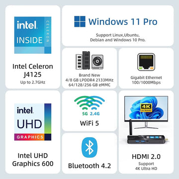 MeLE Mini PC Stick Fanless Windows 11 Intel N100 J4125 Portable Mini Computer Tiny PC HDMI 4K Wi-Fi5 BT4.2 PCG02 GLE Barebone